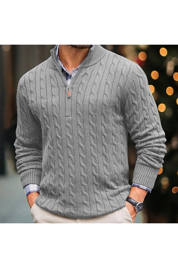Mens Sweater Slim Fit Quarter Zip Pullover Tops Cable Knit Thermal Mock Neck Sweater 2025 Fall Winter Soft Long Sleeve Sweaters Gray S