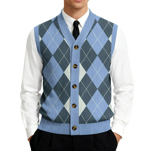 GrmtClth Mens Sweater Vest Classic V-Neck Knitted Sleeveless Argyle Sweater Cozy Soft Button Front Cardigan Vest Sky Blue 4XL