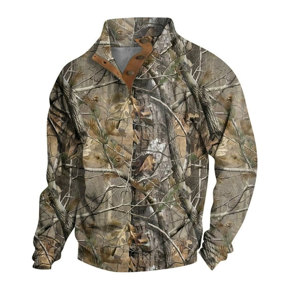 GrmtClth Mens Sweatshirt Camo Print Henley Quater Button Sweater Loose Fit Long Sleeve Pullover Fall Stand Collar Sweatshirt Khaki XXXL