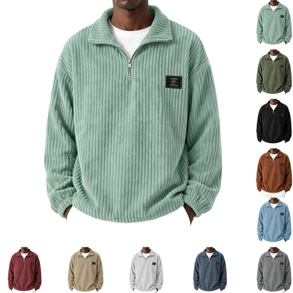 GrmtClth Mens Sweatshirt Quarter Zip Pullover Long Sleeve Stand Collar Corduroy Lightweight Athletic Sweaters Mint Green XL