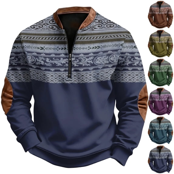 GrmtClth Mens Sweatshirts Quarter Zip Aztec Retro Geometric Printed Long Sleeve Western Cowboy Jacket for Men Fall Pullover 3XL