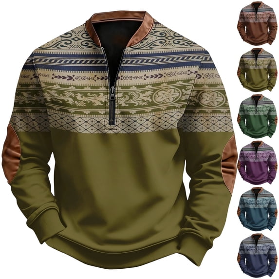 GrmtClth Mens Sweatshirts Quarter Zip Aztec Retro Geometric Printed Long Sleeve Western Cowboy Jacket for Men Fall Pullover M