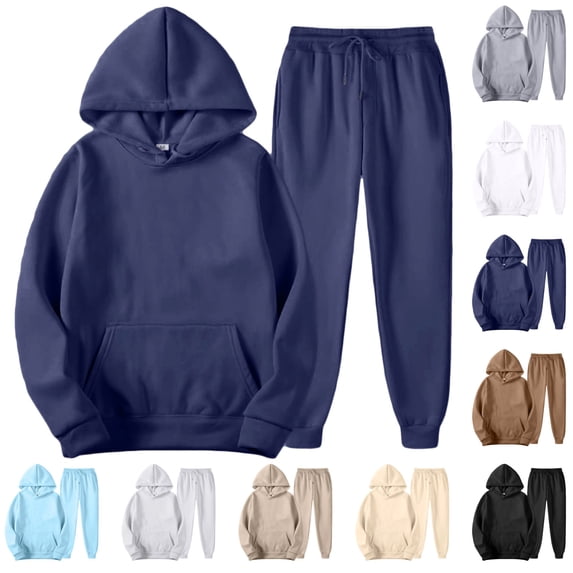 GrmtClth Mens Sweatsuit 2 Piece Sets Plain Solid Tone Hooded Sweatshirt Drawstring Waist Baggy Ankle Cuff Joggers Multi Color Home Street Matching Set Navy 2XL