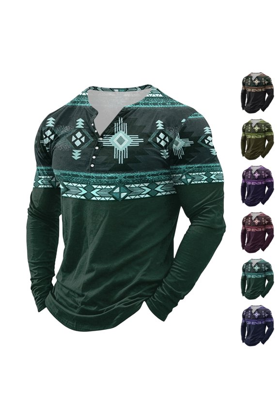 Mens T-Shirts Color Block Aztec Western Long Sleeve Henley Tops Multi Button Placket Vintage Cowboy Style Soft Stretch Blend Fashion Pullover Shirts Blue S