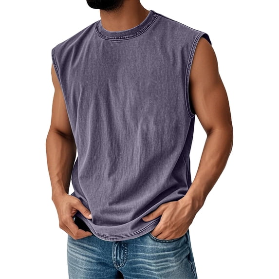 GrmtClth Mens Tank Tops Sleeveless Cut Off Muscle Shirt Workout Gym Running Vintage Acid Wash Tanks Tees Vintage Distressed Loose Stylish Pullover Purple 2XL