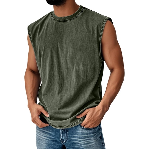 GrmtClth Mens Tank Tops Summer Sleeveless Cut Off Muscle Shirt Workout Gym Running Beach Cotton Acid Wash Tee Shirts Retro Distressed Casual Heavyweight Pullover Army Green XL