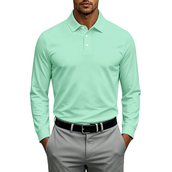 GrmtClth Mens Three Button Placket Athletic Business Polo Shirts, Lapel Collar Long Sleeve Lightweight Travel Performance Tops Turquoise 4XL