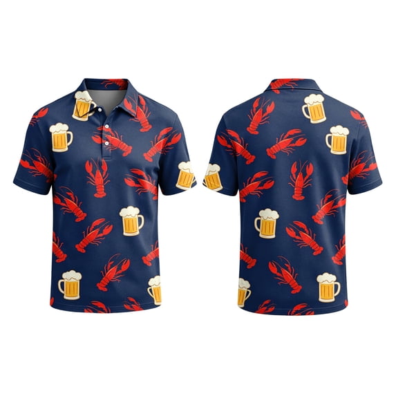 GrmtClth Mens Tropical Summer Polo Mens Beach Short Sleeve Polo Top Wave Seashell Lobster Pattern Soft Tropical Daily Vacation Polo Shirt Outerwear Layered With Calm Ocean Texture Blue M