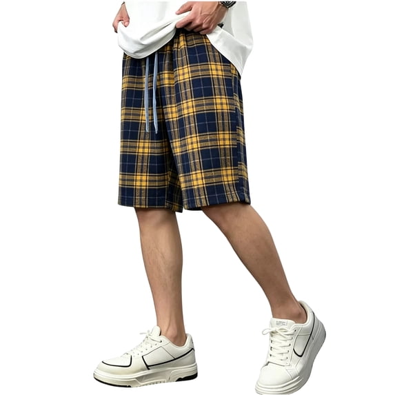 GrmtClth Mens Urban Trendy Check Pattern Shorts Classic Plaid Color Combination Design Relaxed Fit Elastic Waistband Daily Leisure Shopping Travelling Bottoms Yellow 2XL