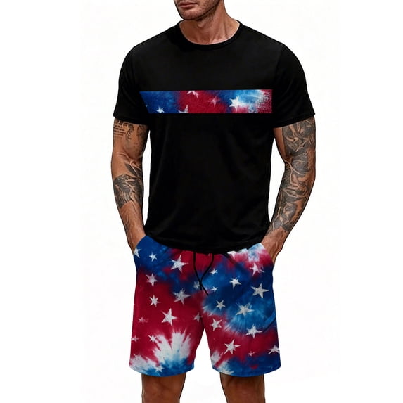 GrmtClth Mens Usa Flag 2 Piece Outfits Independence Day 1776-2026 T-Shirt and Shorts Set Lightweight Short Sleeve Outfit Fashion Elastic Drawstring Clothes Blue L