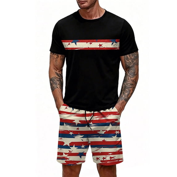 GrmtClth Mens Usa Flag 2 Piece Outfits Independence Day 4th Of July T-Shirt and Shorts Set Summer Short Sleeve Outfit Trendy Elastic Drawstring Clothes Wine 2XL
