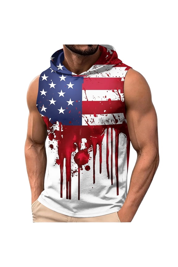 Mens Usa Flag Hooded Tank Tops Independence Day 1776-2026 Casual Gym Hoodie Sleeveless Soft Muscle Shirt Athletic Bodybuilding Clothing Red L