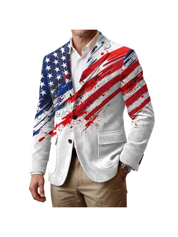 Mens Usa Flag Print Blazer Patriotic 1776-2026 Business Suit Jacket Corduroy Fashion Coat Button Long Sleeve Clothing White 3XL