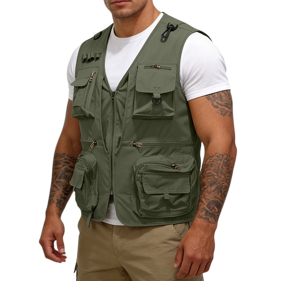 GrmtClth Mens Utility Fishing Vest 2026 Travel Safari Multi Pockets Sleeveless Jacket Casual Breathable Outdoor Waistcoat Quick Dry Clothes Army Green L
