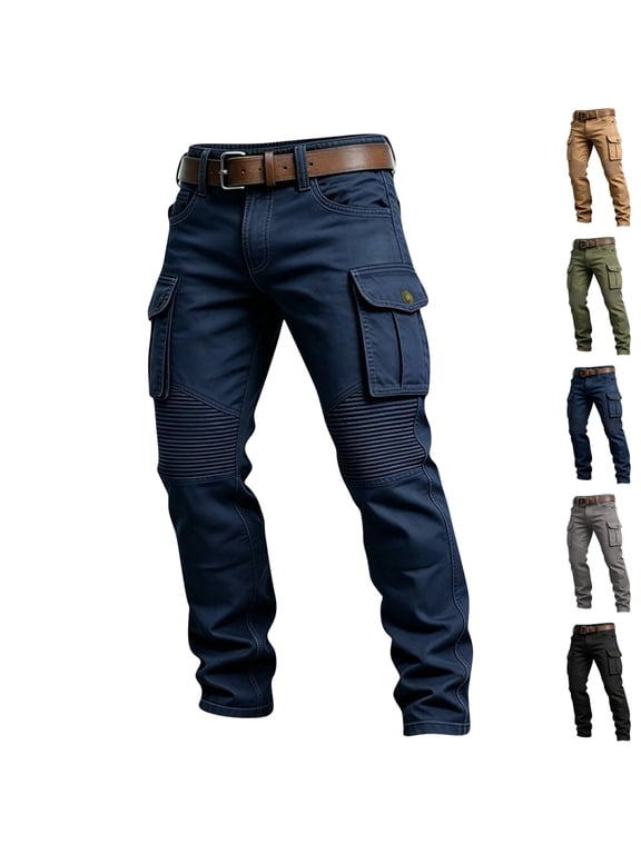 Mens Utility Moto Cargo Pants Reinforced Knee Panel Multi Pocket Street & Work Trousers Navy XL