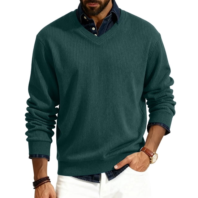 GrmtClth Mens V-Neck Sweaters Big and Tall V-Neck Knitted Sweaters Classic Basic Soft Comfy Long Sleeve Pullover Dark Green 2XL