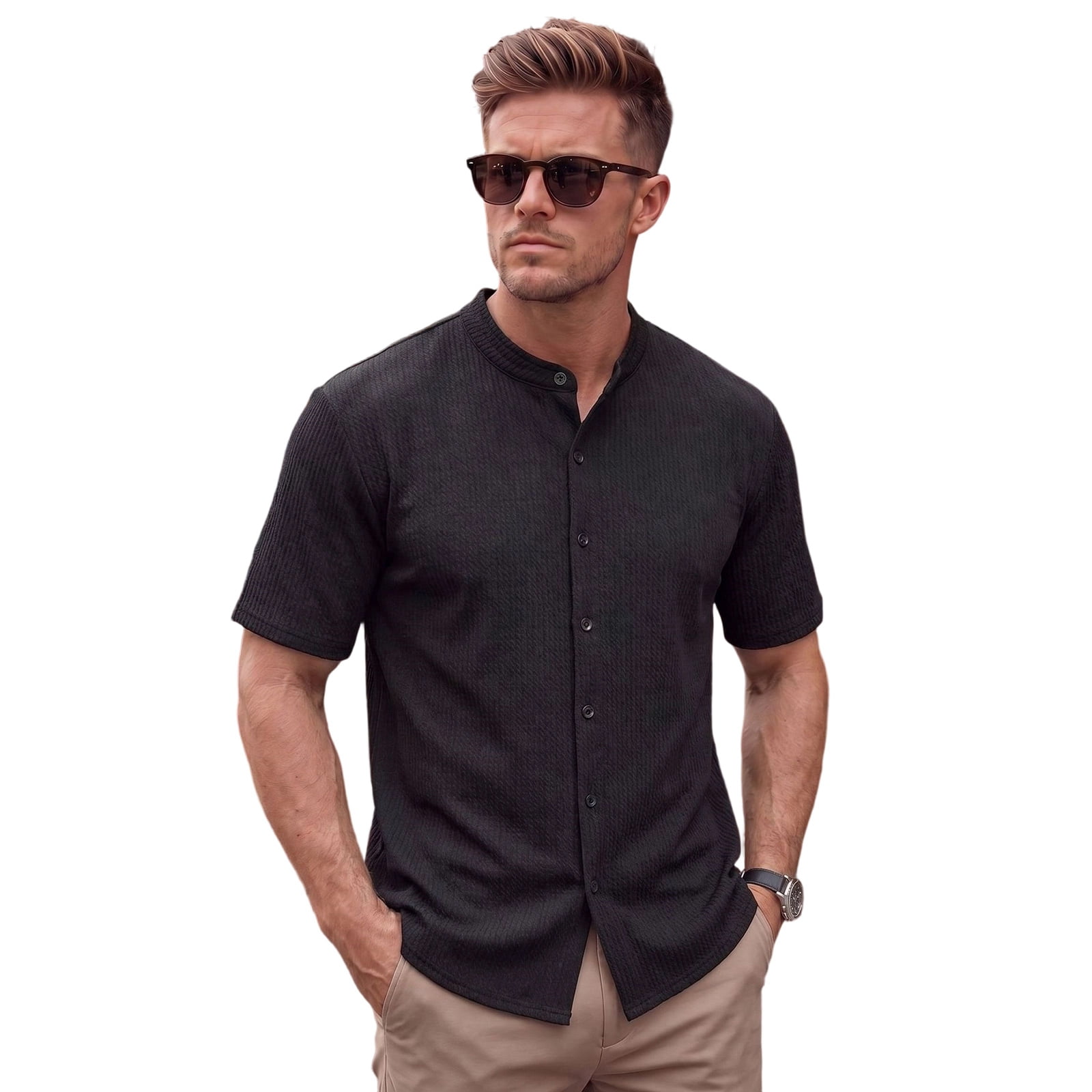 GrmtClth Mens Vertical Ribbed Waffle Henley Shirt Casual Stand Collar ...