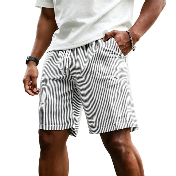 GrmtClth Mens Vertical Striped Casual Shorts Classic Continuous Stripe Visual Design Elastic Drawstring Waistband Loose Relaxed Cutting Summer Daily Outdoor Walking Wear Black L