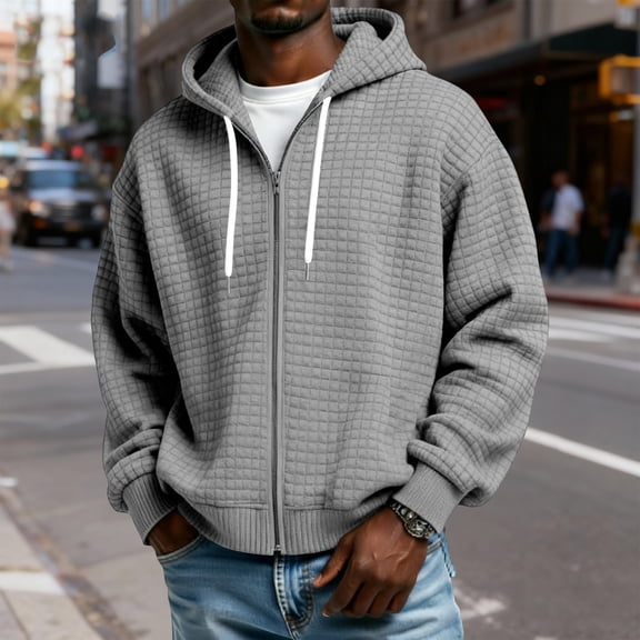 GrmtClth Mens Waffle Hoodies Casual Zip Up Sweatshirt with Hood Comfy Soft Long Sleeve Fall Outerwear with Pockets Gray 2XL