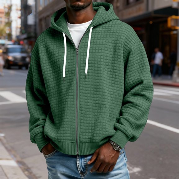 GrmtClth Mens Waffle Hoodies Loose Fit Full Zip Hooded Sweatshirt Comfy Soft Long Sleeve Pullover Tops with Pockets Dark Green 4XL