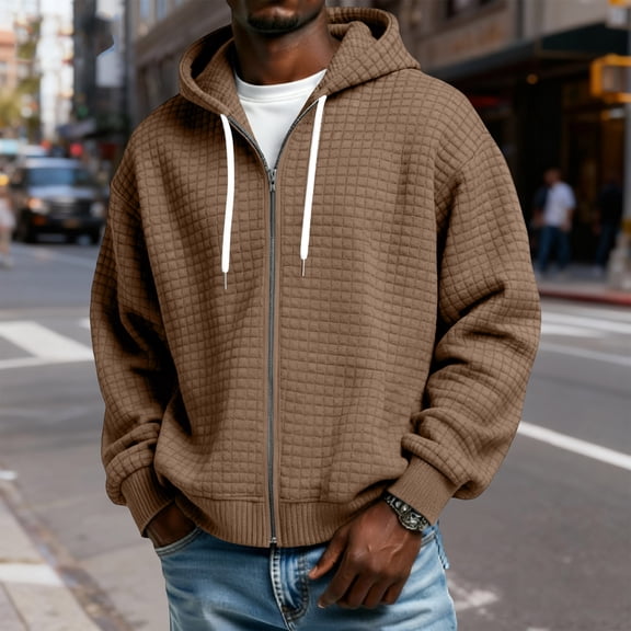 GrmtClth Mens Waffle Hoodies Relaxed Fit Zip Up Hooded Sweatshirt Soft Comfy Long Sleeve Fall Outerwear with Pockets Coffee M