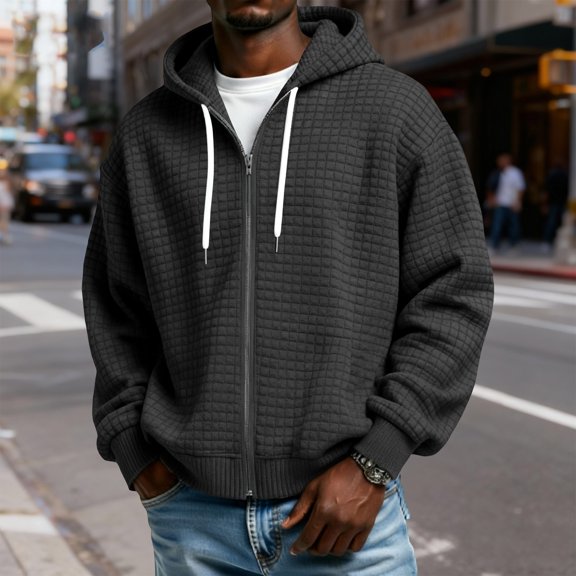 GrmtClth Mens Waffle Hoodies Trendy Full Zip Sweatshirt with Hood Cozy Fit Long Sleeve Fall Outerwear with Pockets Black 4XL