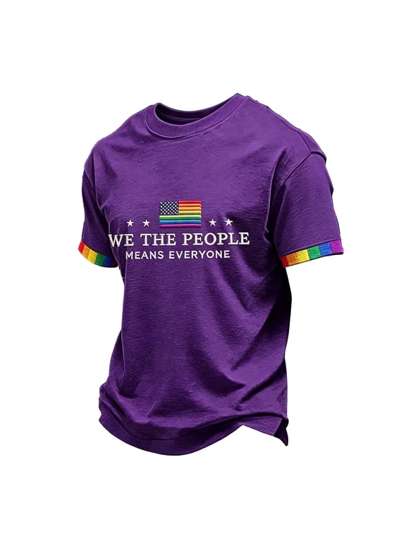 Mens We the People Means Everyone Shirts Pried Rainbow Flag Pattern Top Equality Short Sleeves Tee Lightweight Crew Neck Clothes Purple 4XL