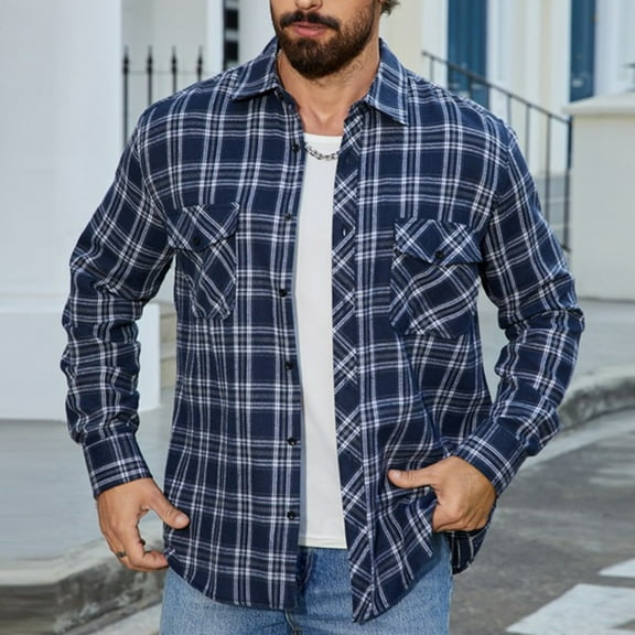 GrmtClth Mens Western Shirts Casual Pearl Snap Button Up Plaid Shirts Regular Fit Long Sleeve Cowboy Shirts Soft Work Shirts with Two Pockets Navy XL