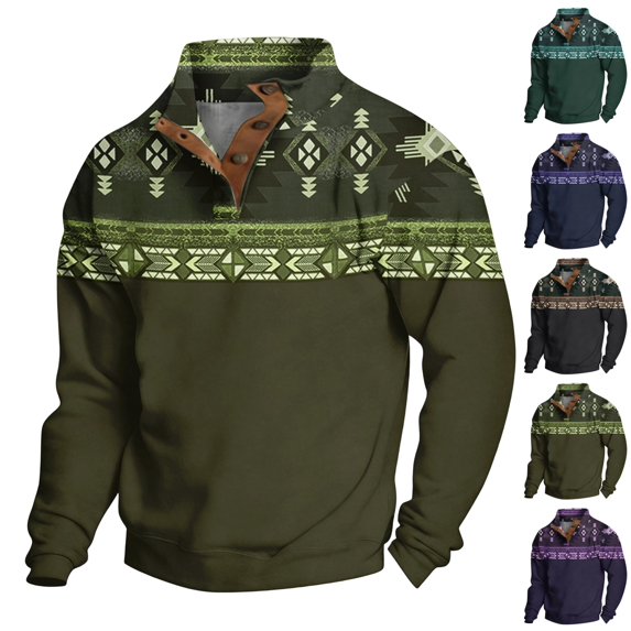 GrmtClth Mens Western Sweatshirts Lapel Quarter Button up Aztec Cowboy Hoodies Country Fleece Winter Pullover Sweatshirt Men 3XL