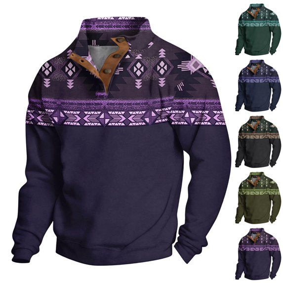 GrmtClth Mens Western Sweatshirts Lapel Quarter Button up Aztec Cowboy Hoodies Country Fleece Winter Pullover Sweatshirt Men XL