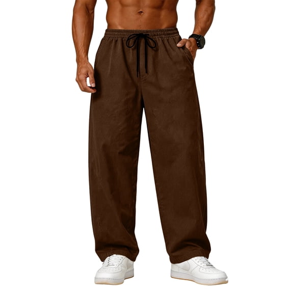 GrmtClth Mens Wide Leg Drawstring Pants Elastic Waist Loose Fit Casual Trousers Lightweight Breathable for Summer Daily Wear Coffee L