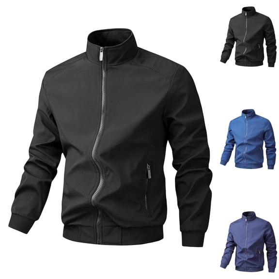 GrmtClth Mens Windbreaker Jacket Stand Collar Full Zip Water Resistant Zip Pocket Daily Casual Outer Coat Black L