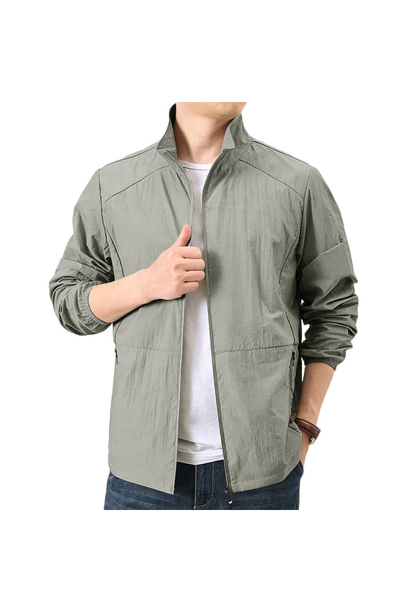 Mens Windproof Stand Collar Zip Front Jacket Casual Lightweight Breathable Sun Protection Coat Quick Dry Design For Spring Summer Daily Commute Light Gray S