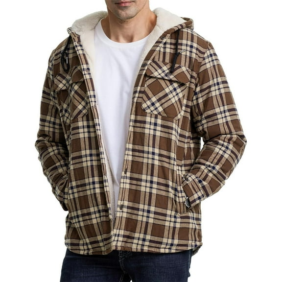 GrmtClth Mens Winter Jacket Plaid Fleece Sherpa Lined Hooded Insulated Jackets Coats Button Down Quilted Thermal Outerwear Big & Tall Outdoor Long Sleeve Jacket Khaki XXXL