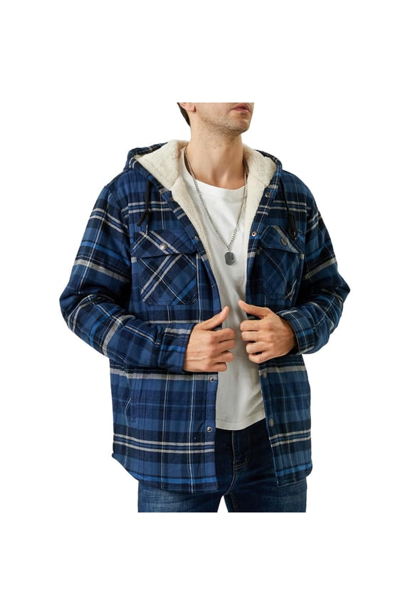 Mens Winter Jacket Plaid Fleece Sherpa Lined Hooded Insulated Jackets Coats Button Up Thick Thermal Hoodie Loose Fit Outdoor Long Sleeve Jacket Navy XL