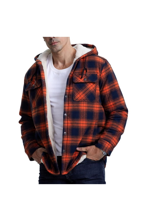 Mens Winter Jacket Plaid Fleece Sherpa Lined Hooded Insulated Jackets Coats Button Down Thick Thermal Outerwear Big & Tall Outdoor Long Sleeve Jacket Saffron M