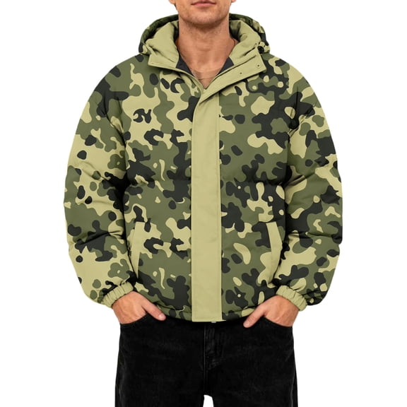 GrmtClth Mens Winter Jacket Thick Thermal Camo Full Zip Puffer Jackets Cozy Soft Hooded Classic Long Sleeve Outerwear Jackets Green L