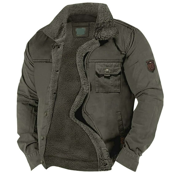 GrmtClth Mens Winter Jacket Thick Thermal Sherpa Lined Jacket Button Trucker Coat Loose Fit Outwear with Multi Pocket Army Green L