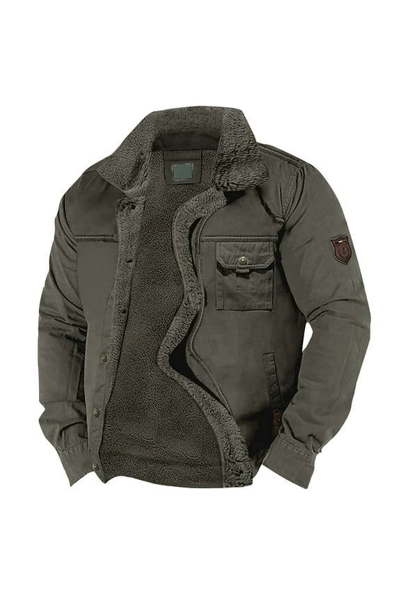 Mens Winter Jacket Thick Thermal Sherpa Lined Jacket Button Trucker Coat Loose Fit Outwear with Multi Pocket Army Green L