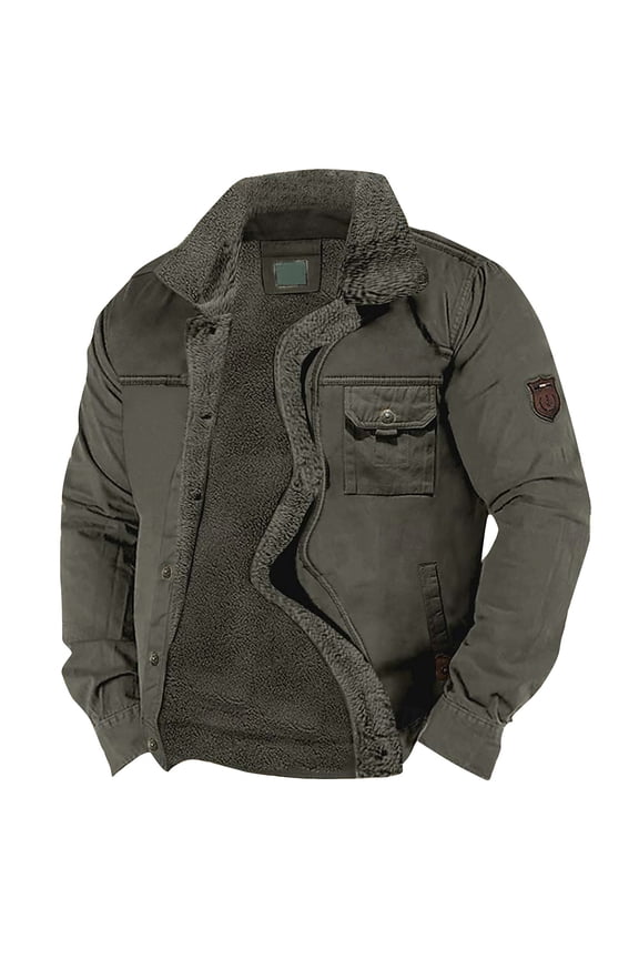 Mens Winter Jacket Thick Thermal Sherpa Lined Jacket Button Up Trucker Coat Loose Fit Outwear with Multi Pocket Army Green M