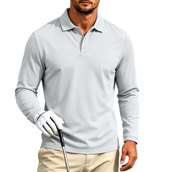GrmtClth Mens Wrinkle Free Long Sleeve Performance Polo Top Full Sleeve Collar Stretch Quick Dry Outdoor Golf Travel Casual Business T-Shirt Light Gray 2XL