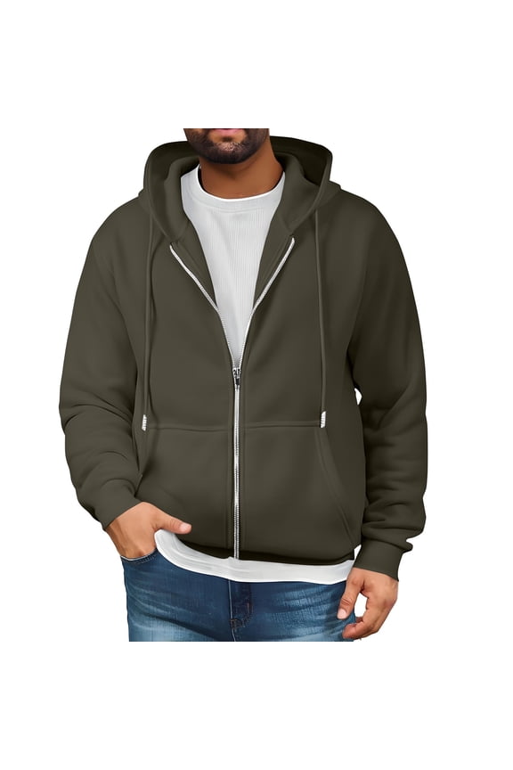 Mens Zip Up Hoodie Loose Fit Drawstring Hooded Sweatshirt Fall Casual Long Sleeve Pullover Tops Lightweight Outerwear with Pockets Army Green XXL