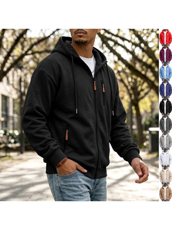 Mens Zip Up Hoodie Fall Essentials Jackets Light Weight Long Sleeve Sweatshirt Plain Fall Clothes Cool Gym Lightweight Workout M