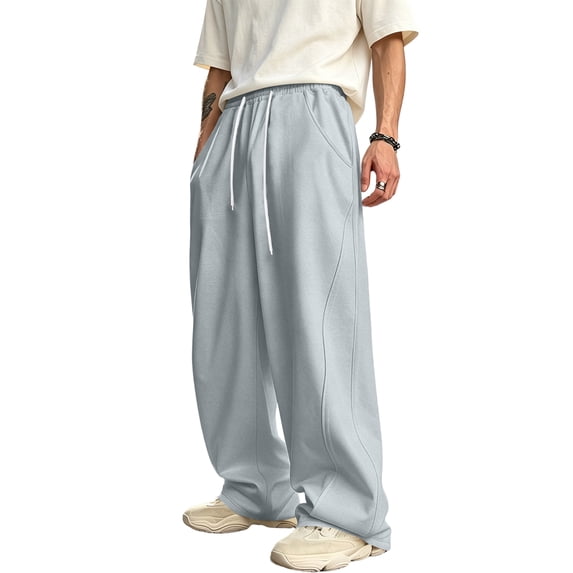 GrmtClth Mens relaxed daily lifestyle trousers wide leg flowy soft material casual loose pants outdoor vacation long distance travelling Light Gray 3XL