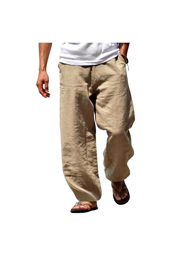 Mens vintage fashion trousers breathable cotton linen material loose casual pants relaxed fit all season daily street style Khaki 2XL