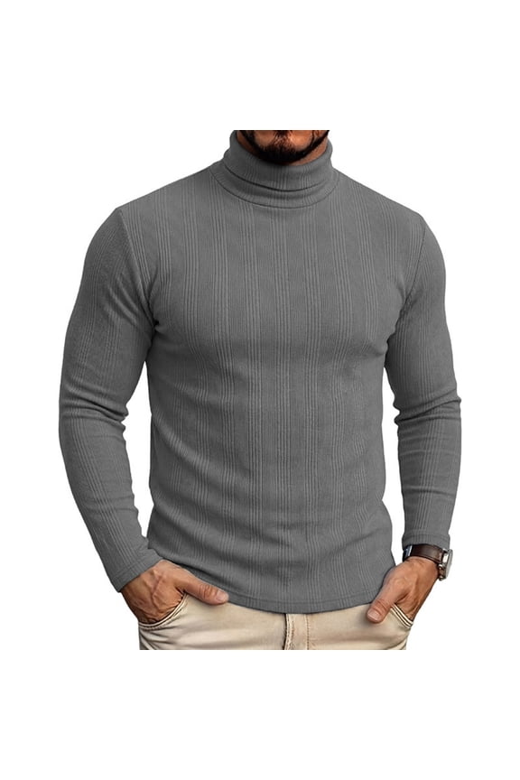 Outdoor Holiday Warm Ribbed Knit Turtleneck Pullover Shirts for Men, High Fold Neck Vertical Ribbed Soft Long Sleeve Base Tops Gray L