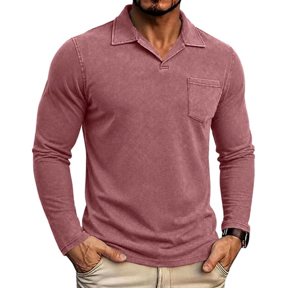 GrmtClth Outdoor Walking Vintage Distressed Lapel Collar Polo Shirts, Long Sleeve Single Chest Pocket Relax Fit Spring Daily Tops Wine L