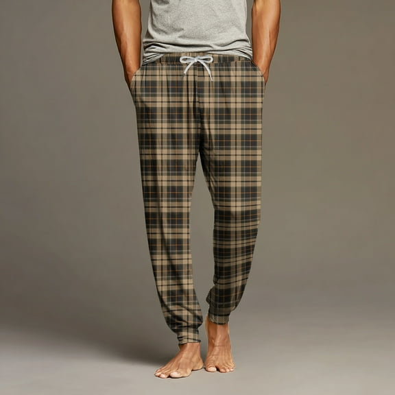 GrmtClth Pajama Pants Men Lounge Plaid Jogger Sleepwear Comfy Casual Pj Pants with Drawstring & Pockets Brown M