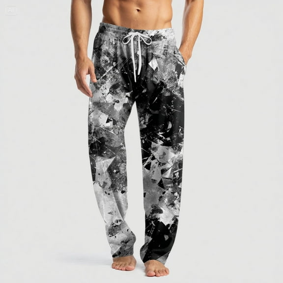 GrmtClth Pajama Pants Men Ultra Lightweight Camo Graphic Bottoms Stylish Drawstring Elastic Waist Pajama Pants Soft&comfort Night Pants with Pockets and Button Fly Black L
