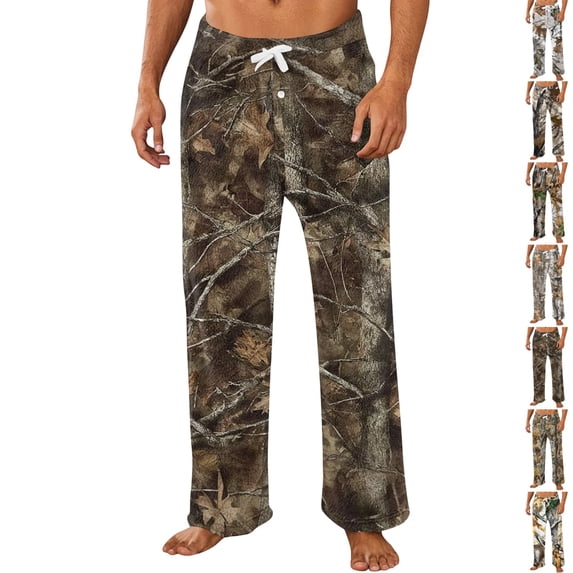 GrmtClth Pajama Pants for Men Nature Hunting Camo Printed Pajama Pants Relaxed Fit Elastic Waist Soft Plush Daily Home Wear Coffee M